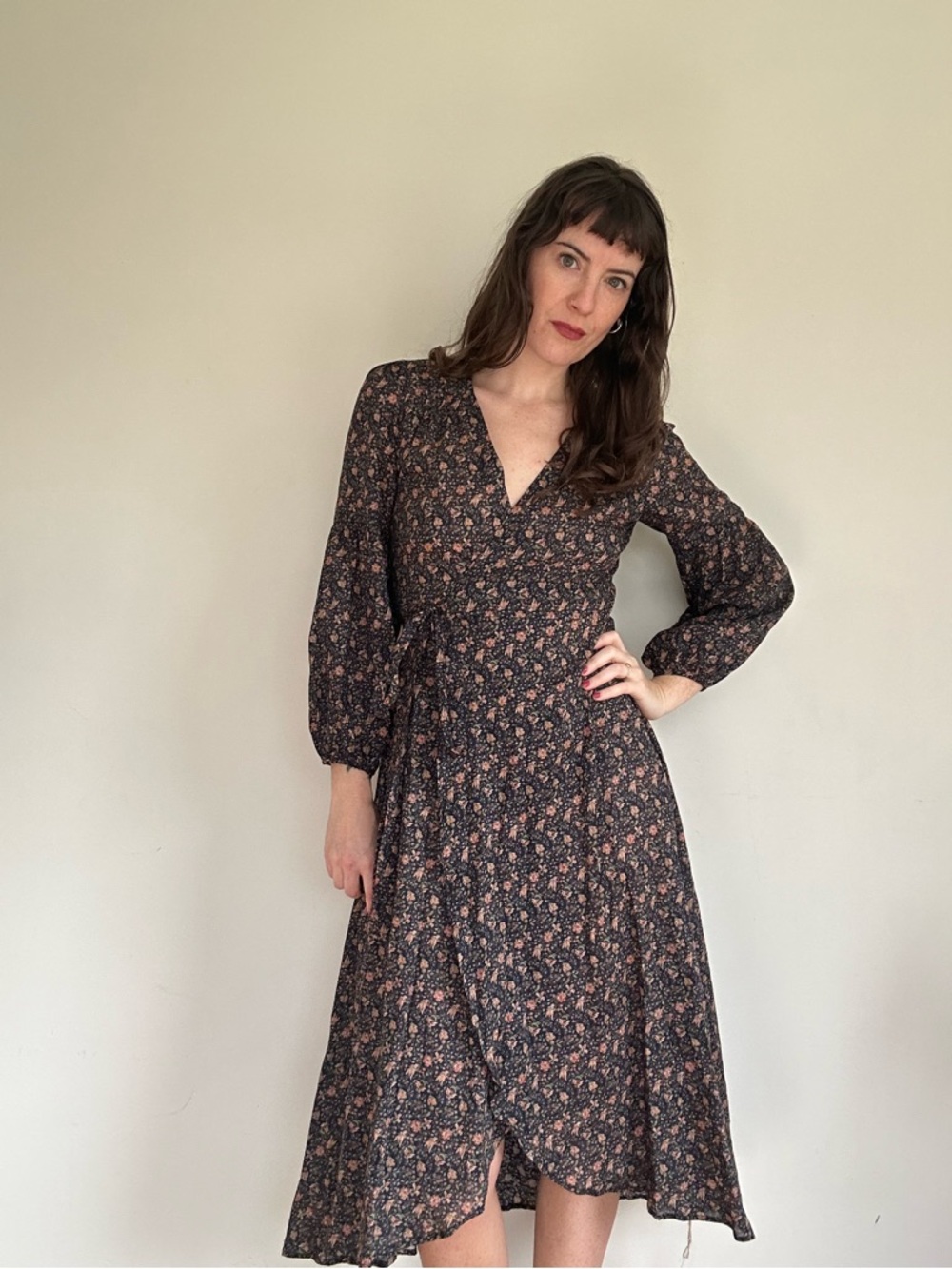 Christy Dawn Farm to Closet Floral Wrap Midi Dress in petite medium